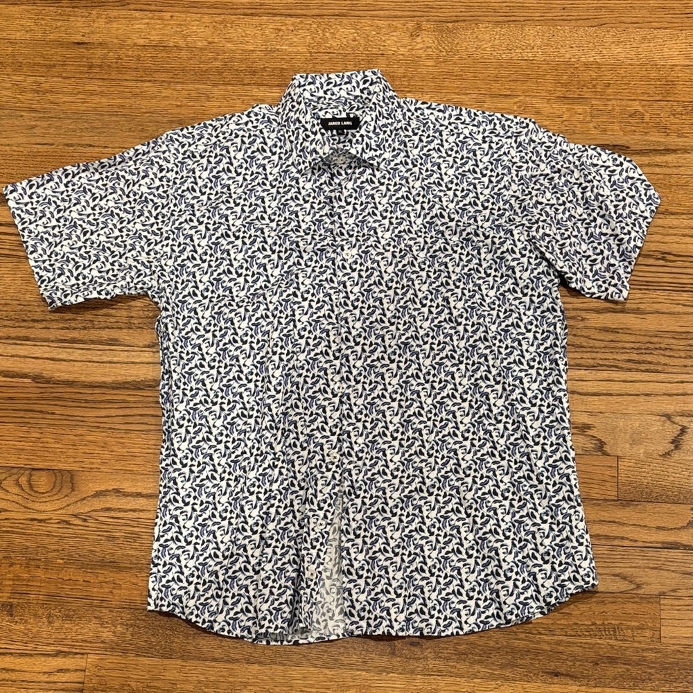 Jared Lang Navy and White Leaf Print Shirt XL